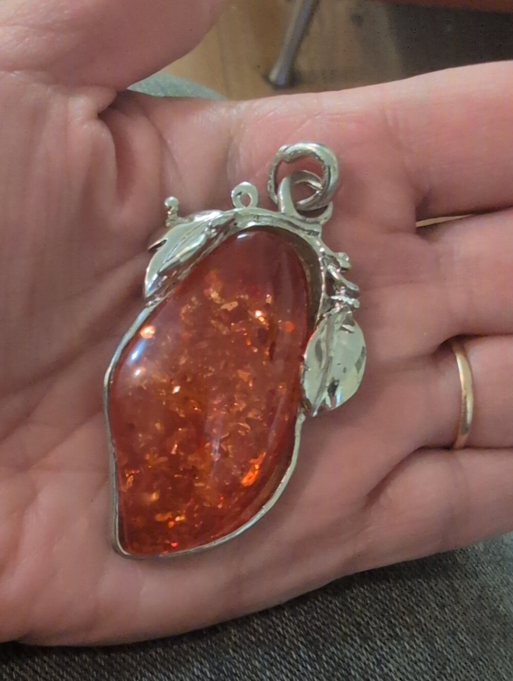 Amber Leaf Pendant Necklace - Orange Gemstone in Silver Setting